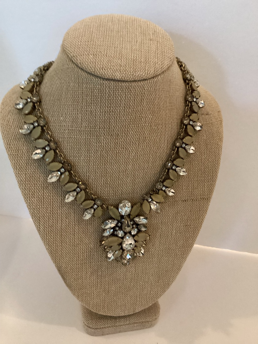 Vintage J. Crew Signed Clear Rhinestone Statement Necklace Antique Gold Tone Bib